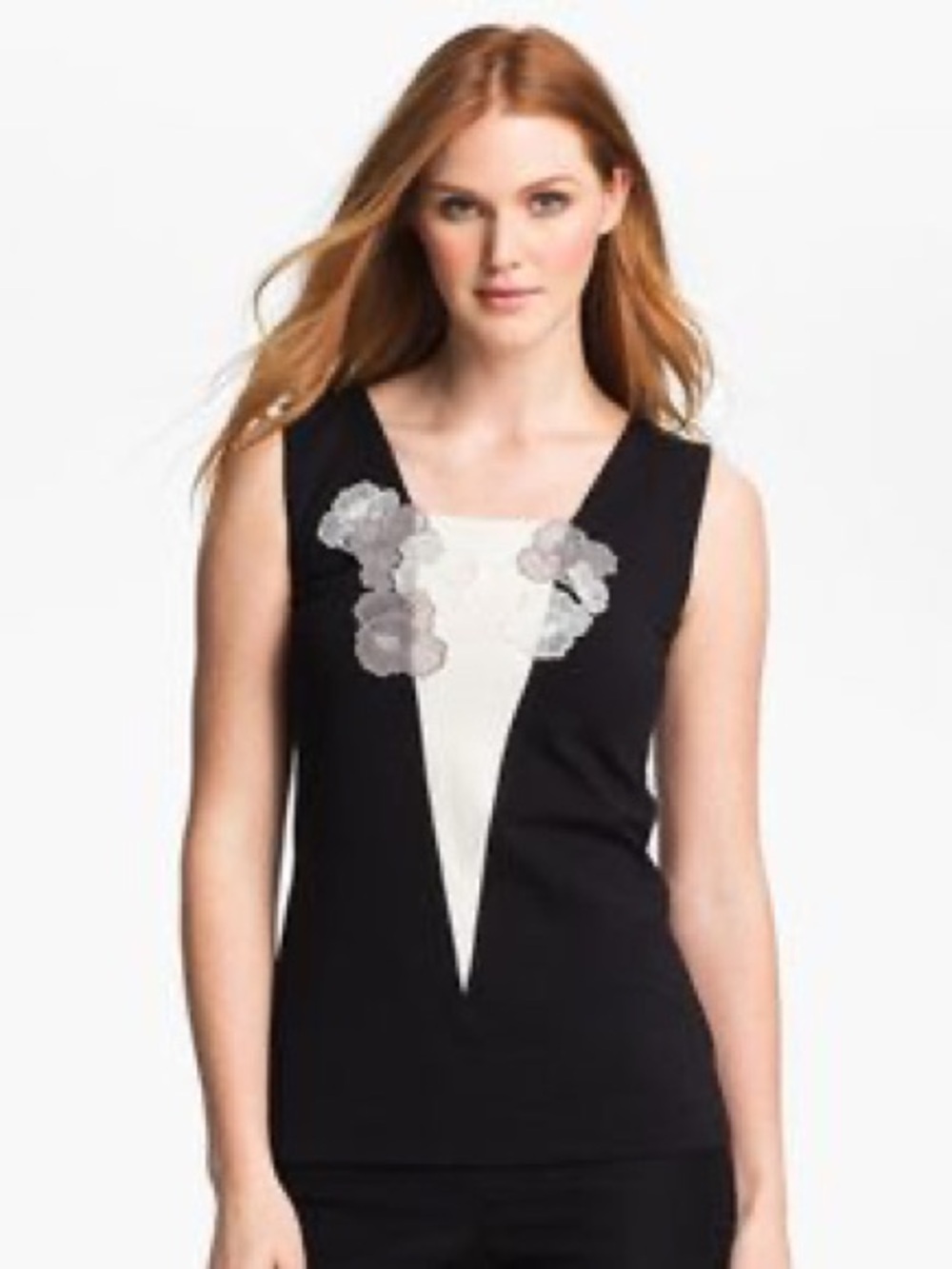 NIC+ZOE Black Tank with White Front Inset and Floral Appliqués